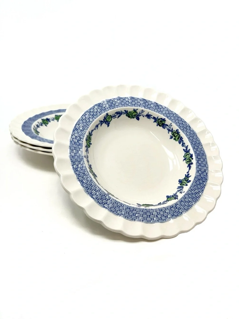 Copeland Spode Blue Belle Set of 4 Rimmed Soup Bowls Basketweave Antique Vintage